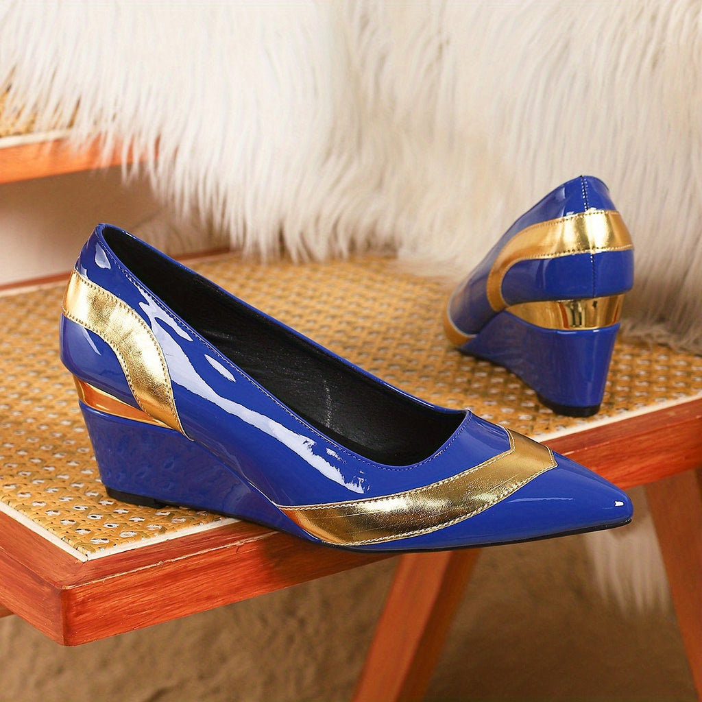 A Pair of Women's Single Shoes with Black and Golden Color, Pointed Toe, Thick-Soled Comfortable Wedge Heels, Fashionable Leisure Elegant High, Shopping Banquet Commuting Single Shoes