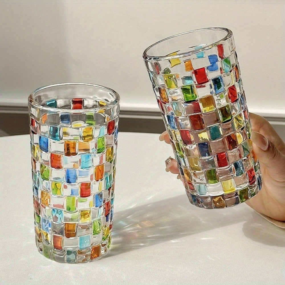 Hand-Painted Drinking Glasses Set – Colorful Square Lattice Woven Handcrafted Glass for Water, Juice, Whiskey & Beer – Artistic Decorative Glassware for Home Bar & Entertaining – 2 - product image