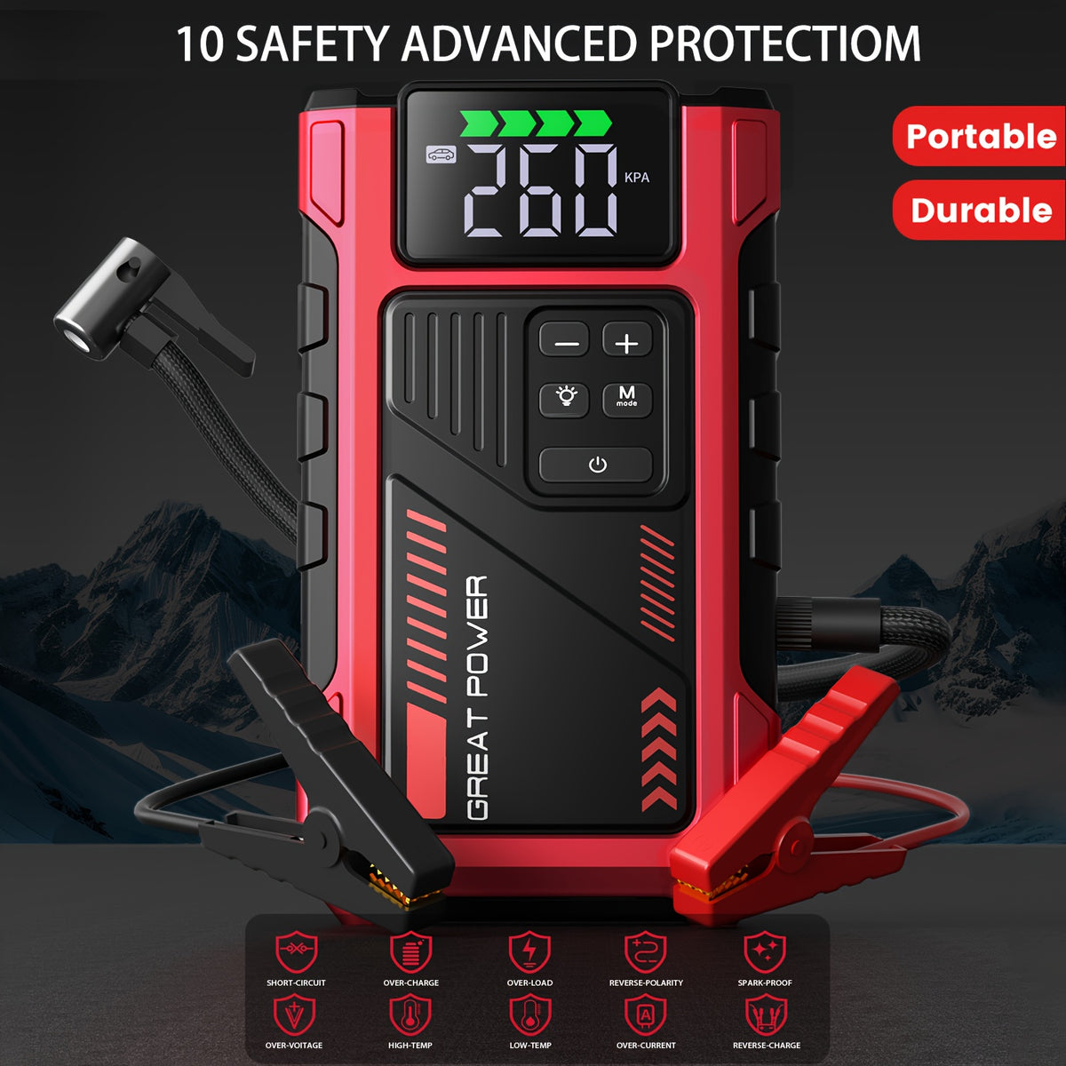 9-in-1 Portable Jump Starter with Air Compressor, 12V Car Battery Jump Starter, Portable Car Battery Charger, Fits 2.11gal Gas/ 1.72gal Diesel Fast Car - product image 6