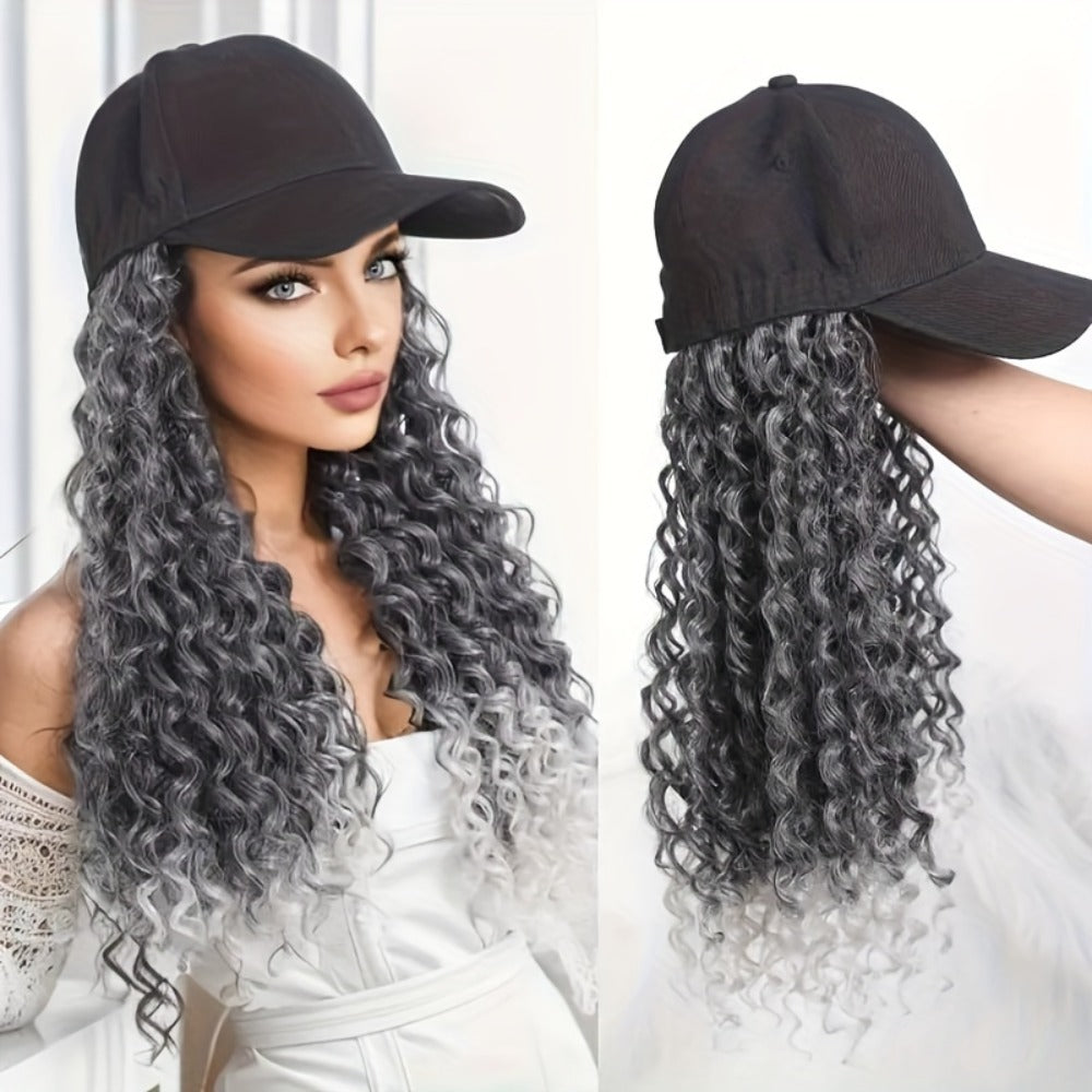 Afro Kinky Curly Baseball Cap Wig for Women 18 Inch Hat and Wig Combo Adjustable Elastic Net Long Synthetic Curly Hair Multi-Color Casual Daily Outdoor Wear - product image