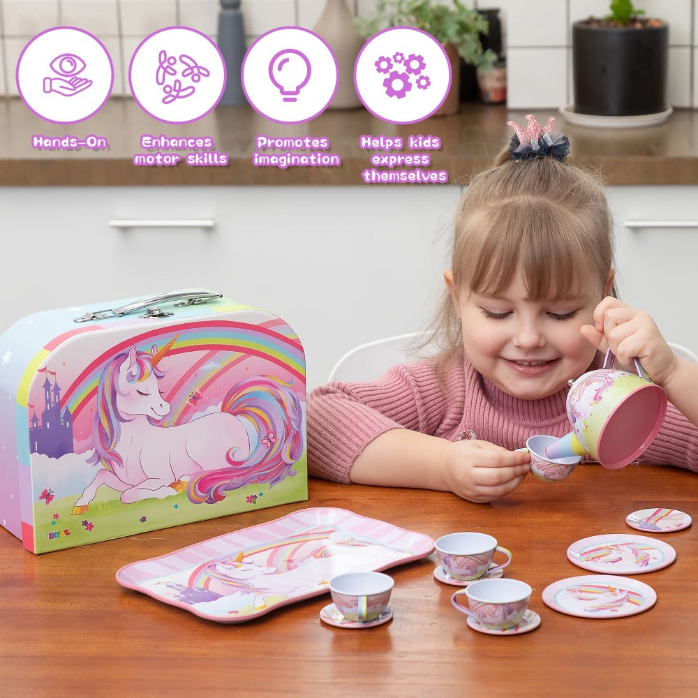 Pretend Play Pink Tin Teapot with Cups, Plates & Carrying Case, Magical Rainbow Design, Birthday Christmas Gift for Kids Ages 3+ | Unicorn Tea Party Set for - product image 7