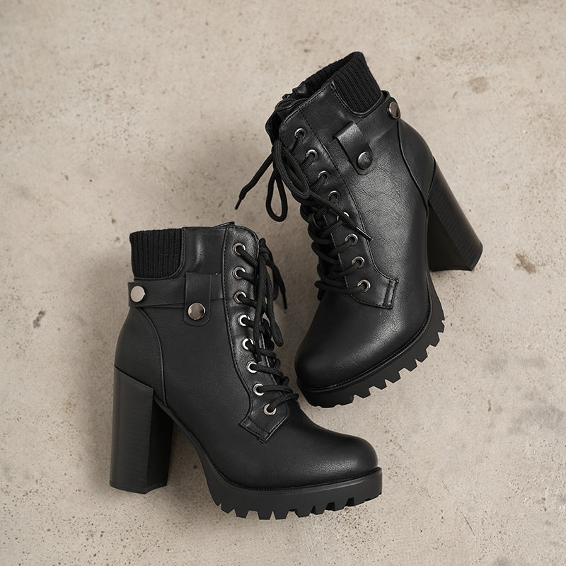 Women Short Boots Fall Winter Boots Women's Lace up Combat Ankle Boots High Chunky Heel Fashion Heeled Booties Shoes Black Boots - product image 8