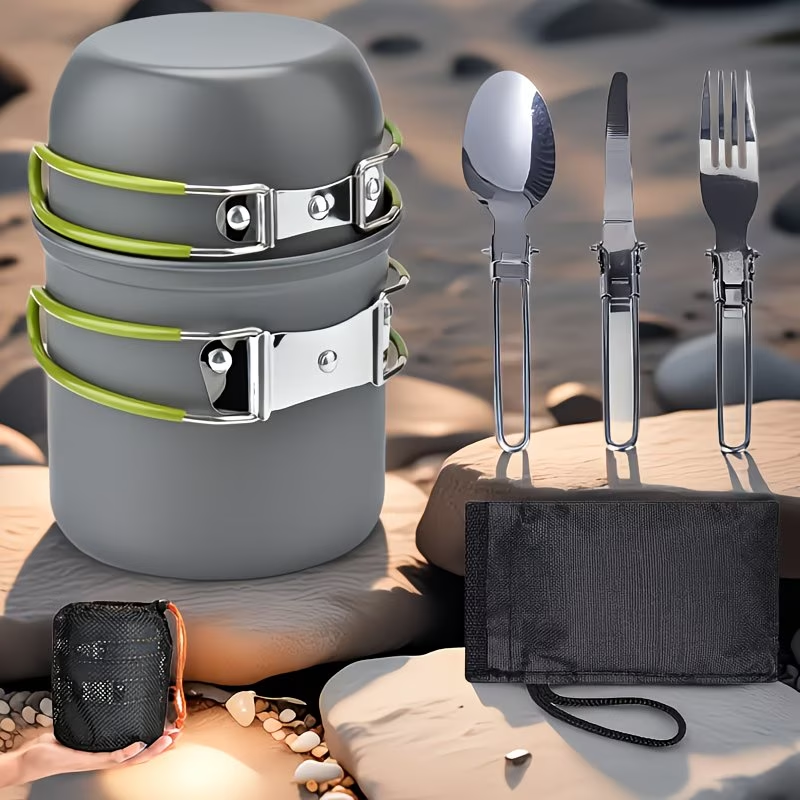 Portable Camping Cookware Set with Double Pot & Utensils | Featherlight Open Fire Cooking Kit with Forks Knives Spoons, Compact Space-Saving Iron Cookware for Outdoor Camping Picnic Travel Adventures