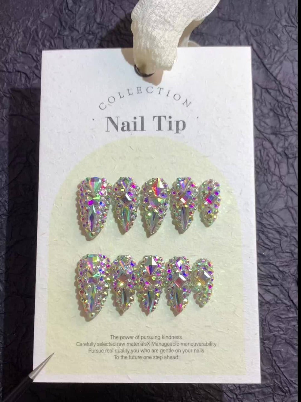 Almond Press On Nails 10pcs Medium Length Glitter Strobe AB Crystal Rhinestone – Color Block Fake Nails Kit with Nail File, Cuticle Stick & Sticker Pad for Party, Wedding, Date Nig - product image 9