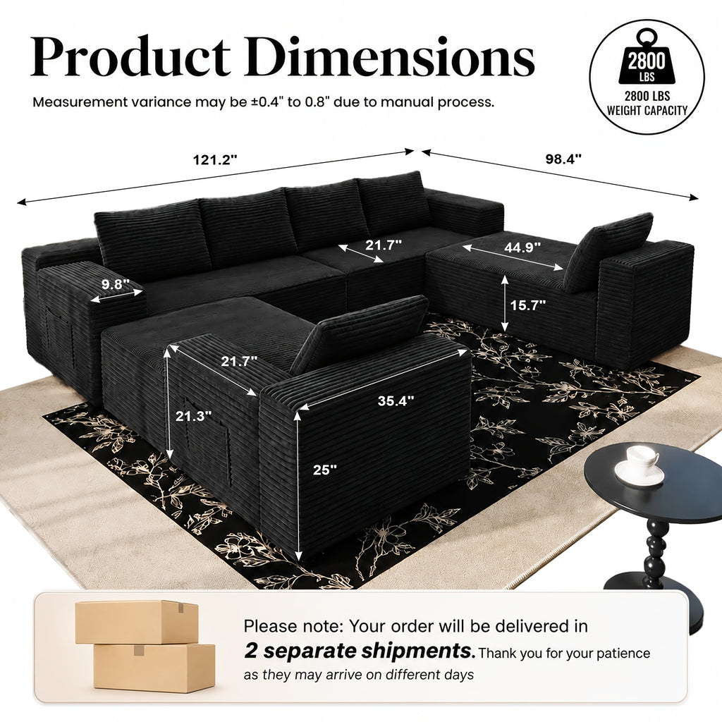 121.2" Oversized U-Shaped Corduroy Cloud Couch, 8-Seater Modular Sectional Sofa with Double Chaise, Boneless Deep Seat Convertible Couch, 4-In-1 Flexible Large Corner Sofa for Living Room, No Assembly