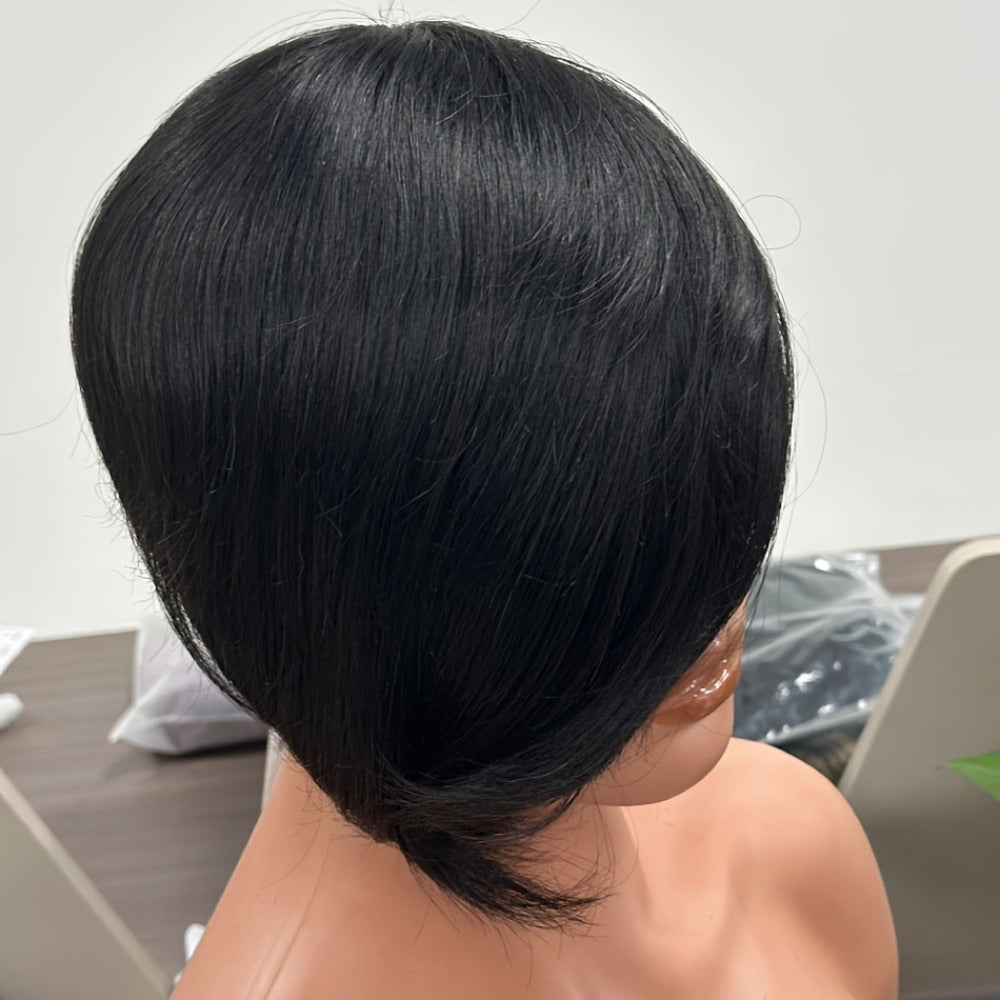 Pixie Cut Human Hair Wig with Bangs 8 Inch 200% Density Glueless | Side Part Layered Straight Rose Net Cap Throw On and Go | #1 #4 #99J Women Daily Party - product image 9
