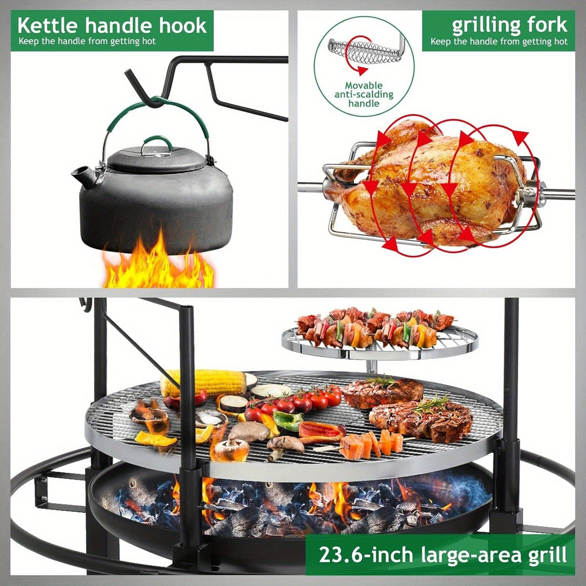 BBQ Fire Pit 33 Inch Wood Burning Outdoor Fire Pit with Swivel Cooking Grate, 2 Removable Grills for Backyard Patio Picnic Outside Camping - product image 6