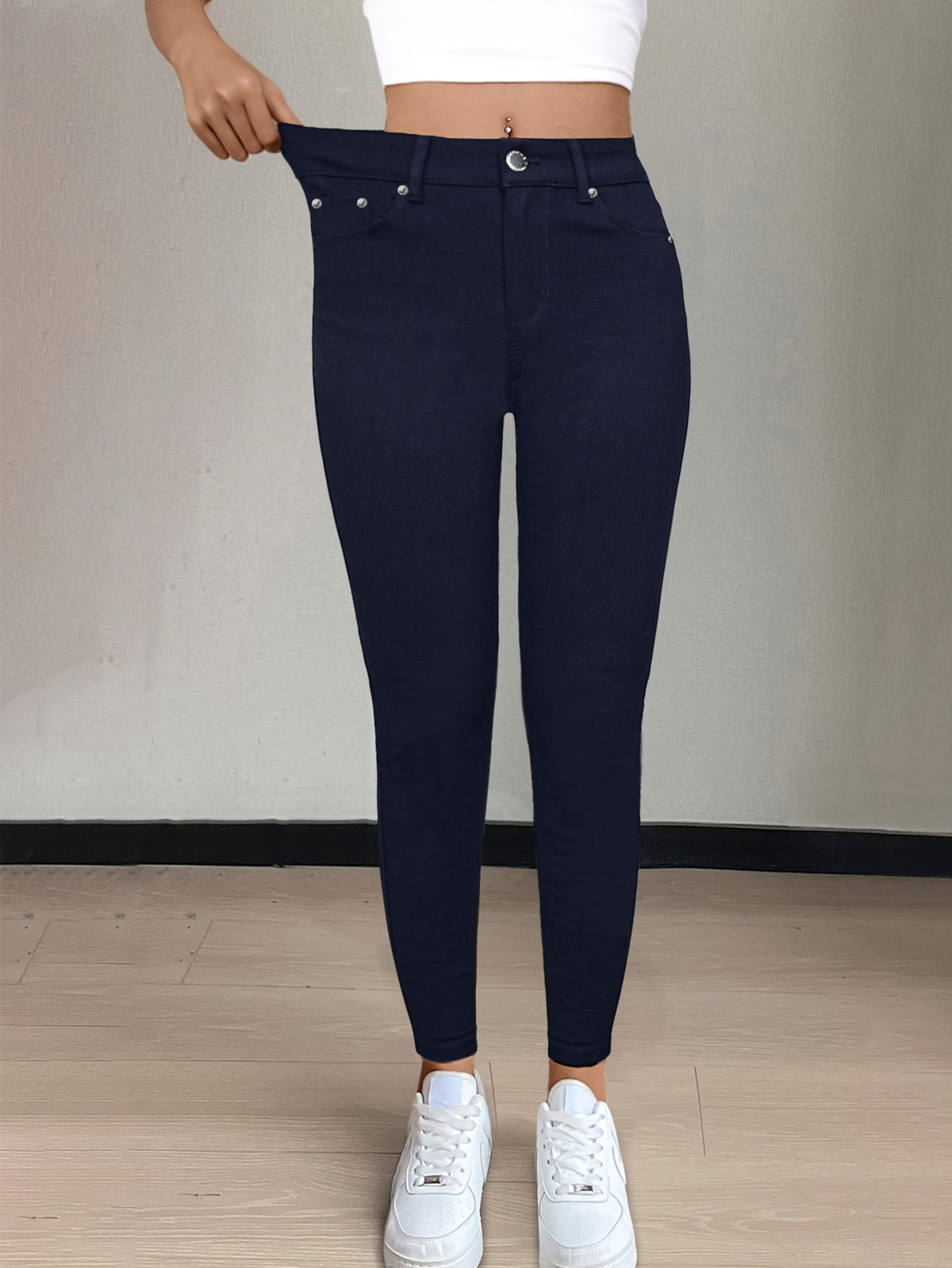 CY038 Full-Length Black High-Waist Skinny Jeans - Stretchy Fabric, Button Decor, Five Pockets, Long Style, Solid Color, Weekend Casual Streetwear - Ideal for - product image 18