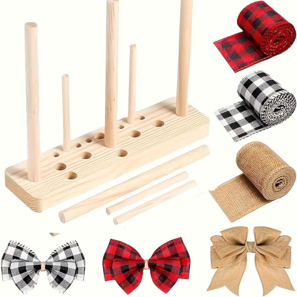 9-Piece Wooden Wreath & Bow Maker Crafting Tool Set, DIY Floral Wreath Molds with Wooden Sticks Rope Checkered Fabric, Party Decoration Craft Supplies for Holiday - product image