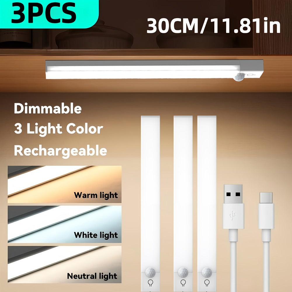 Motion Sensor Light 3 Pack USB Rechargeable LED Cabinet Light Dimmable 3 Color Temps Magnetic Base for Kitchen Closet Stairs Hallway Bedroom 7.87" 11.81" - product image 2