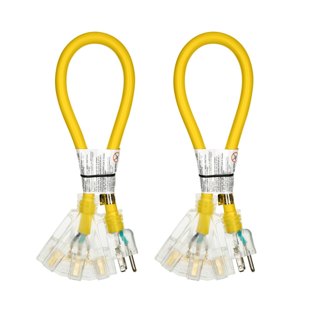 Heavy Duty Extension Cord Splitter Tri-Tap 2-Pack – 15A SJTW Contractor Grade, LED Lighted Plug, 2ft Yellow Jacket for Outdoor & Job Site Use - product image 9