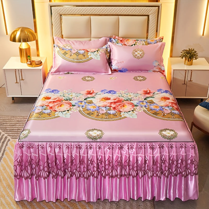 Floral Ruffle Bed Skirt Cool Mat 3 Piece Set with Pillowcase, Double Layer 360° Full Wrap Washable Cooling Mattress Cover, Breathable Summer Bedding Set for Twin Full Queen King, P - product image 44