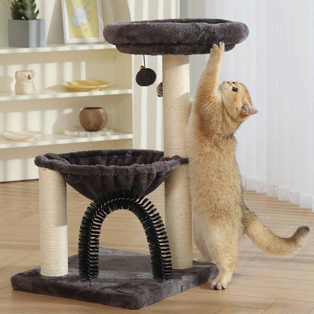 FluffyDream Indoor Cat Tree with Scratching Posts, Plush Basket, Top Perch & Dangling Ball, Sturdy Cat Tower with Grooming Brush for Kittens & Small Cats, Gray - product image 3