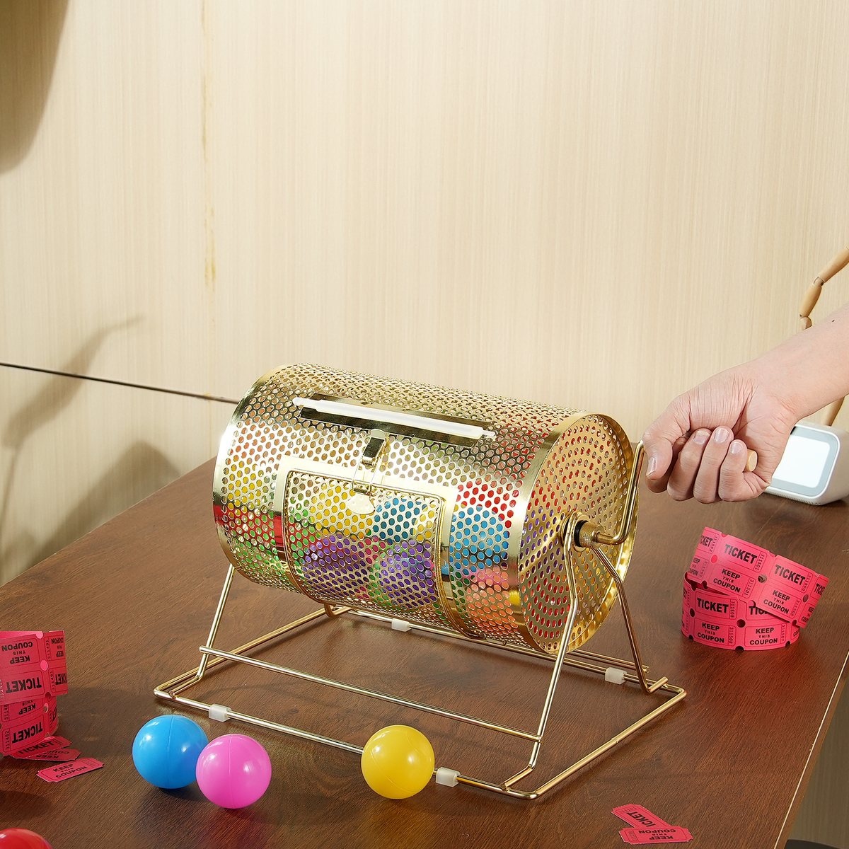 Brass Plated Metal Lottery Ticket Drum with Wooden Handle, Holds 2500 Tickets or 100 Ping Pong Balls, for Bingo Ballot Party Events Fundraisers Trade Shows - product image 9