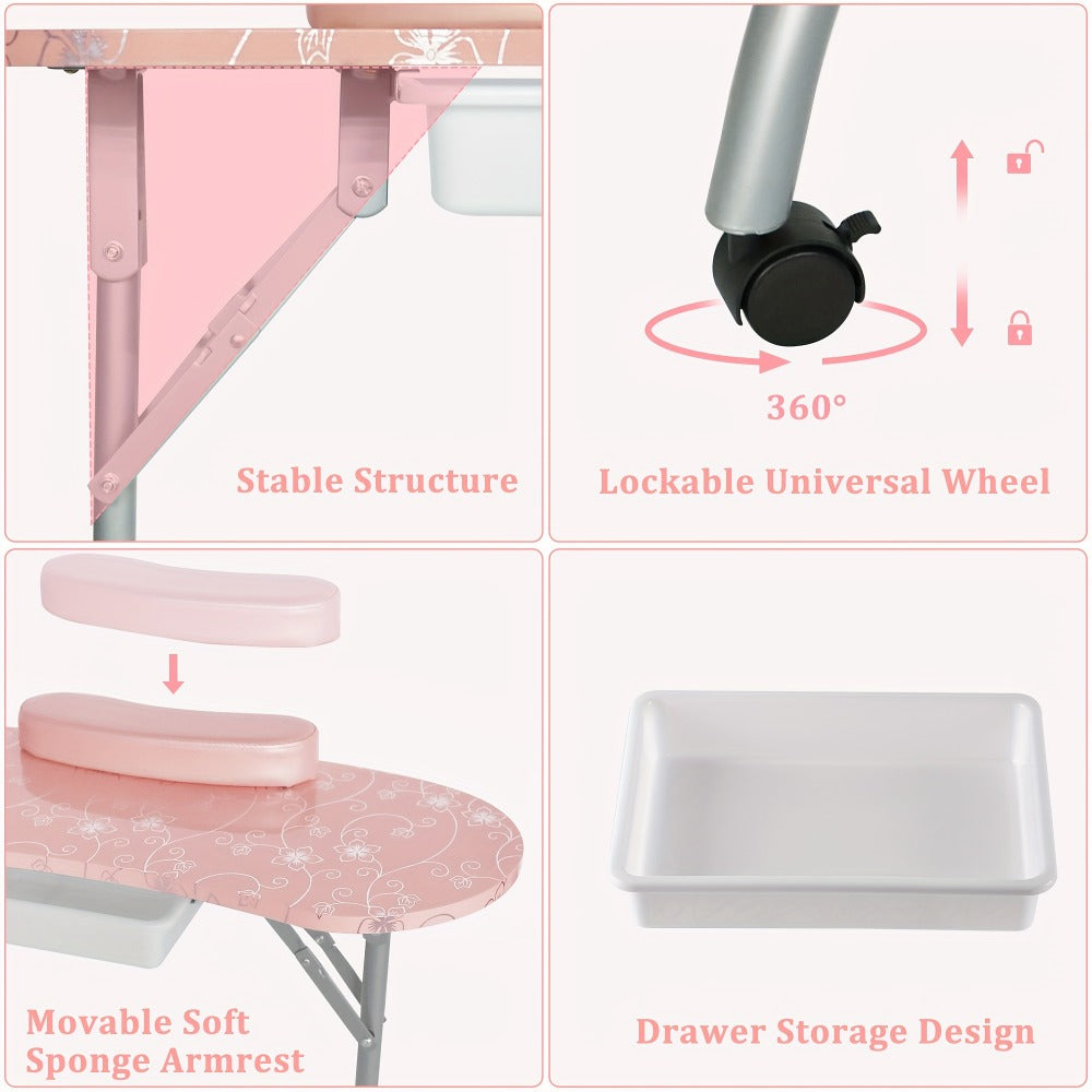 Foldable Nail Table with LED Lamp Drawer Lockable Wheels Wrist Cushion & Carrying Bag – Portable Manicure Station for Nail Salon Technician Home Studio White - product image 6