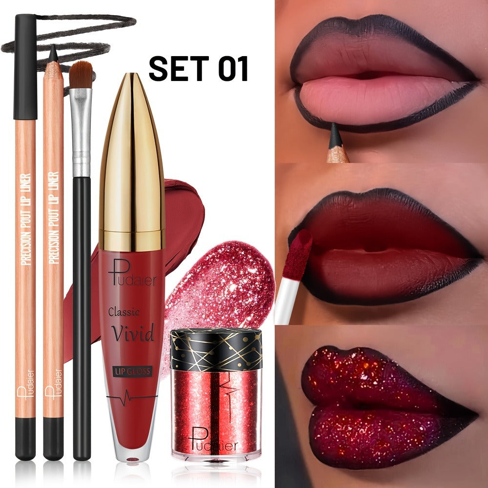 Metallic Glitter Lip Kit 4-Piece – Sparkling Lip Liner, High-Shine Lip Gloss, Chunky Glitter & Lip Brush Combo for Party, Festival, Rave & Holiday Makeup, Gift for Women - product image