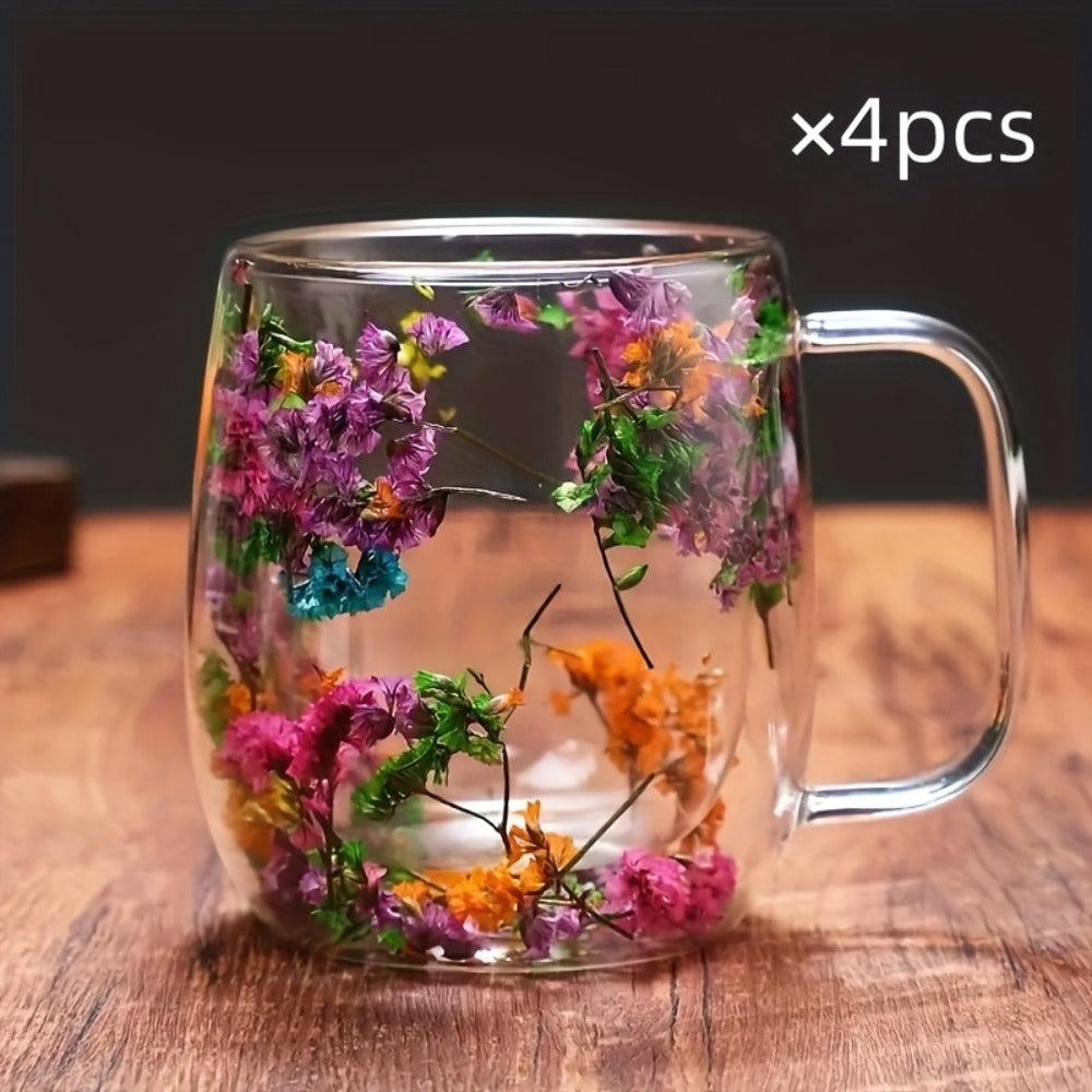 Double Wall Glass Coffee Cups with Handle Set of 4 – Borosilicate Thermal Mugs for Latte Cappuccino Tea | Dried Flower & Petal Design Transparent Drinkware for Office Home Gifts - product image