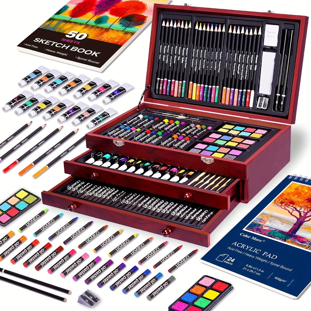 Drawing Pads Crayons Acrylic Paints Colored Pencils Complete Professional Art Kit Gift for Kids Teens Adults Birthday Christmas – 175-Piece Deluxe Art Set in Wooden Case