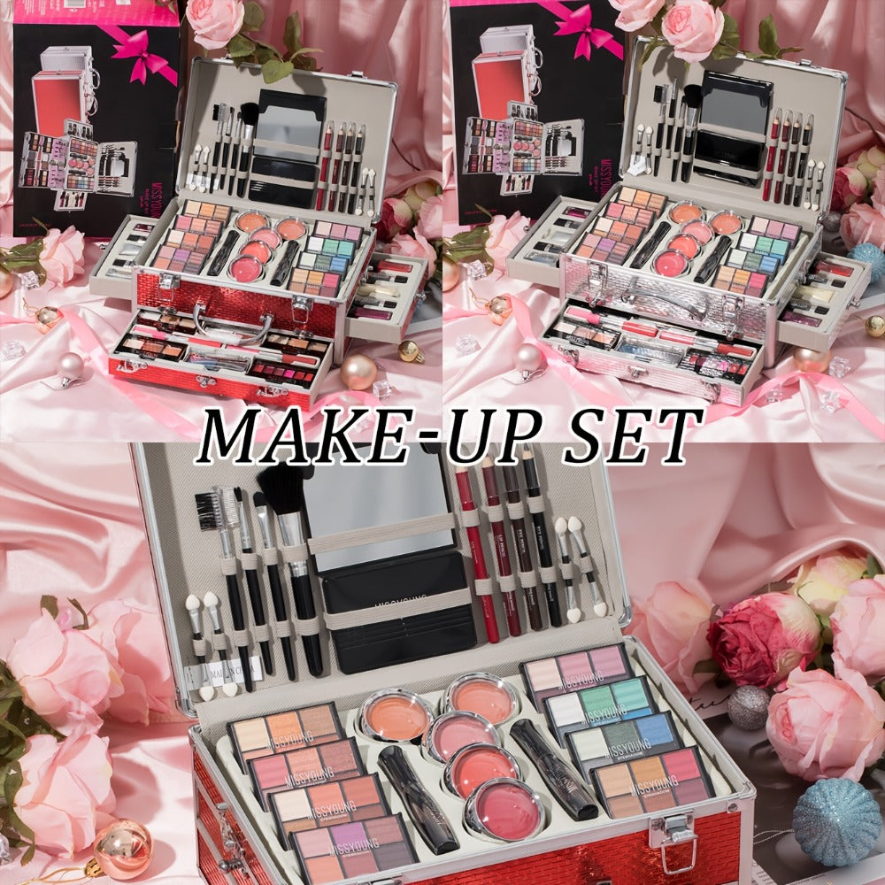 106-Piece Luxury Makeup Gift Set Complete Full Face Beauty Kit – Eyeshadow Palette Lipstick Lip Gloss Blush Mascara Eyeliner Concealer Loose Powder & 10 Marble Brushes for Women Be - product image