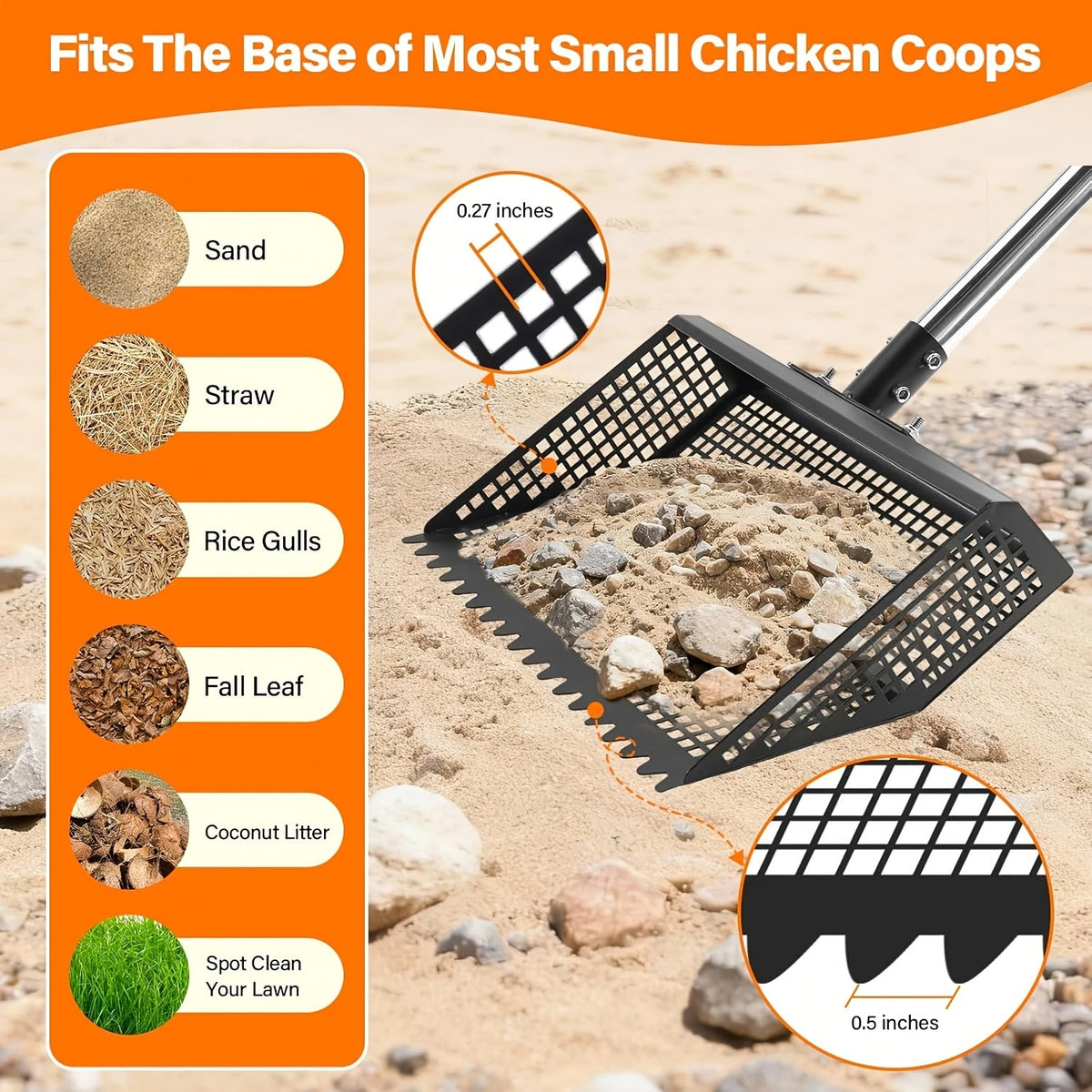 76" Stainless Steel Handle, Shatterproof Sand Sifting Shovel for Litter Box, Chicken Coop, Horse Stable & Barn Stall Cleaning, 13 Inch | Cat Litter Scooper - product image 3