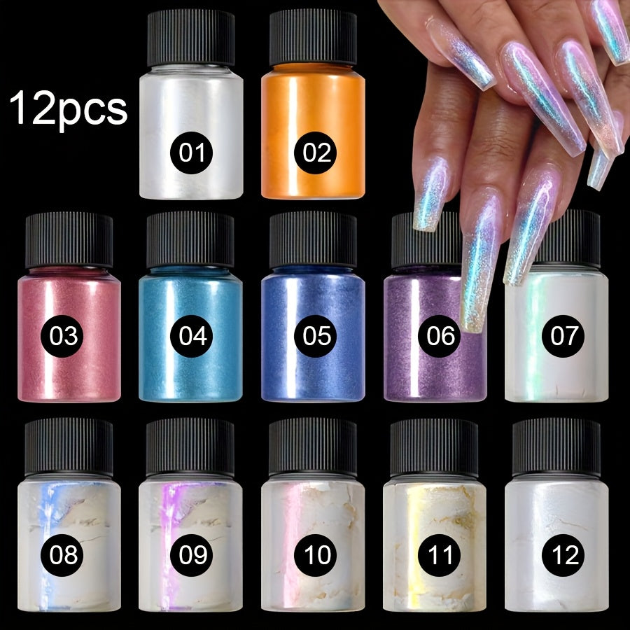 Aurora Nail Powder 12 Colors Chrome Pearl Glitter Neon Dust Holographic Iridescent Pigment Set for Chrome Nail Art Dipping Powder Decoration Nail Charms Gel Acrylic - product image 8