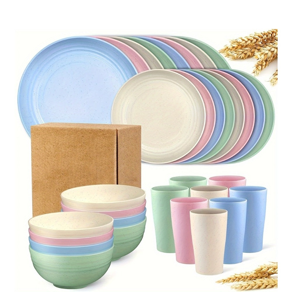 32pcs Wheat Straw Dinnerware Set for 8 - Unbreakable Plastic Plates Bowls Cups Set, Lightweight BPA-Free PP Tableware for Picnic Camping Outdoor, Modern Round Dishware for Home Par - product image 2