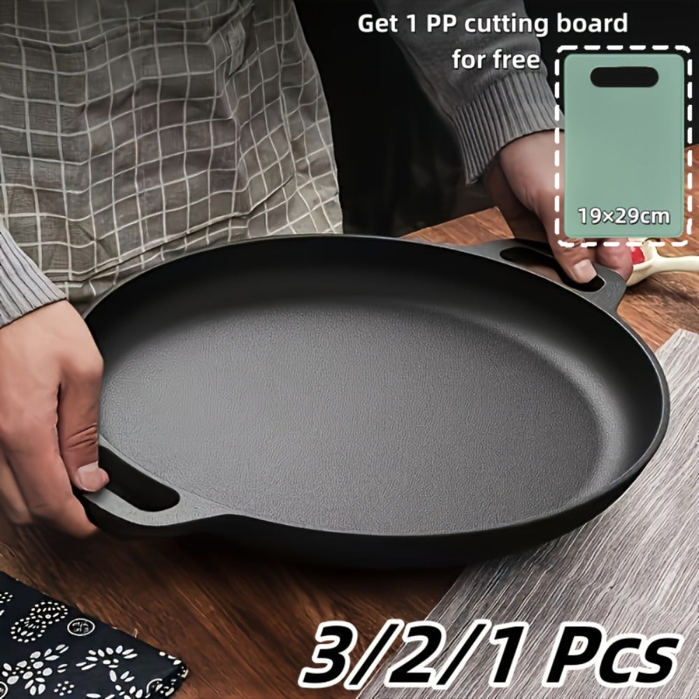 Pre-Seasoned Cast Iron Pan Set - Non-Stick Multifunctional Skillet for Pizza Home Kitchen Outdoor Cooking, Even Heating Compatible with All Stoves, 1/2/3 Piece Options - product image