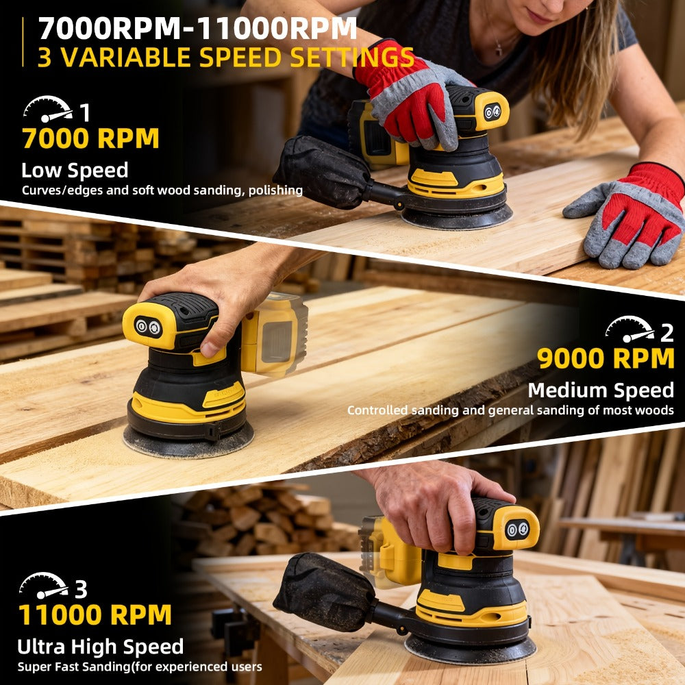 Cordless Orbital Sander Compatible with DeWalt DCB Battery – 5-Inch Brushless Motor Variable Speed Palm Sander with 30pcs Sandpapers & Dust Collection Bag for Woodworking - product image 11