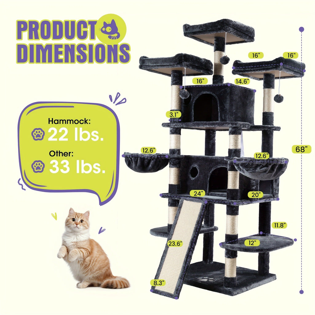 Cat Furniture with Sisal Scratching Posts, Plush Perches, Hammock, Basket & Corner Condo Cave, Hanging Toys & Climbing Ramp, Multiple Sizes & Colors | Cat Tree - product image 4