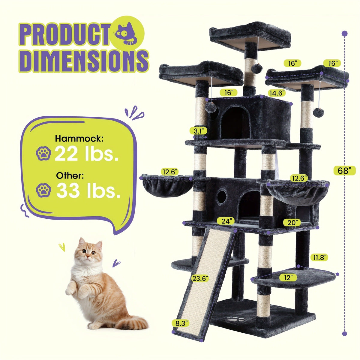 Cat Furniture with Sisal Scratching Posts, Plush Perches, Hammock, Basket & Corner Condo Cave, Hanging Toys & Climbing Ramp, Multiple Sizes & Colors | Cat Tree - product image 4