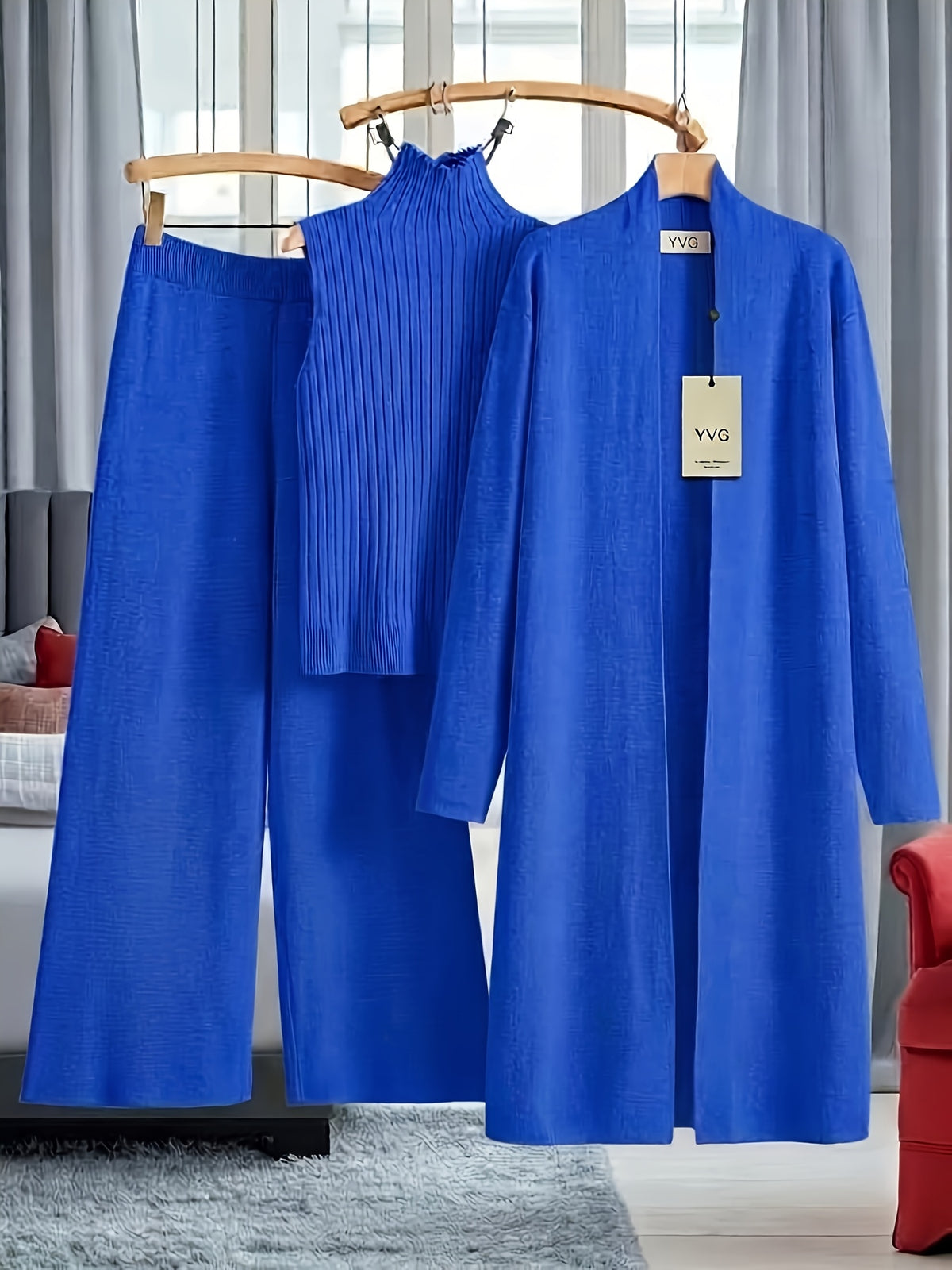 Genuine - Women's Autumn and Winter New Loose Set: Long Wide-Leg Pants + Shawl Cardigan + High-Collar Sweater Vest Fashion Three-Piece Set
