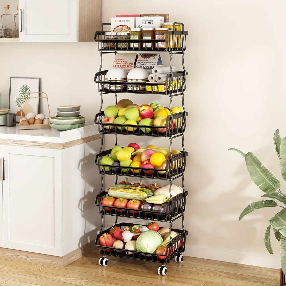 6-Tier Stackable Metal Wire Storage Basket Organizer with Wheels - Rolling Kitchen Pantry Rack for Fruits Vegetables Utensils, Space-Saving Open Shelf - product image