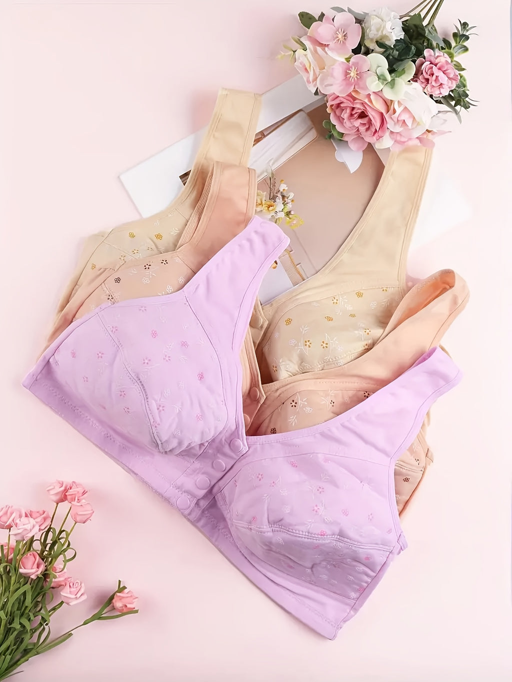 3pcs Plus Size Printed Front-Closure Bra Set Elegant Full-Cup Wire-Free Comfort Bras Women's Lingerie & Underwear Sets Everyday Bras Fashion Underwear - product image 30