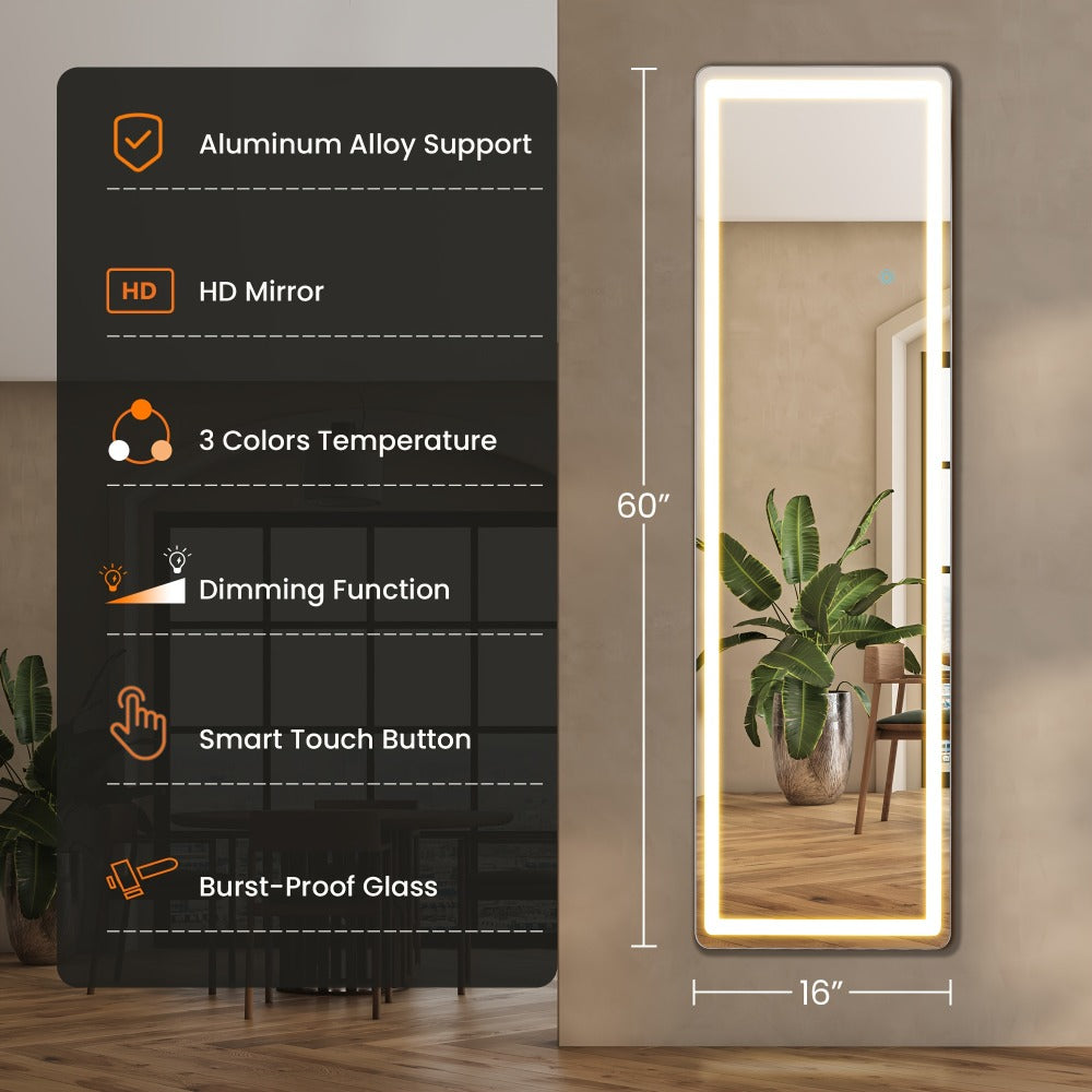 Full Length Mirror with LED Lights & Touch Sensor – 64"x21" Dimmable Smart Floor Mirror, Wall Mount or Freestanding, Slim Modern Frame for Bedroom, Vanity & Dressing Room - product image 7