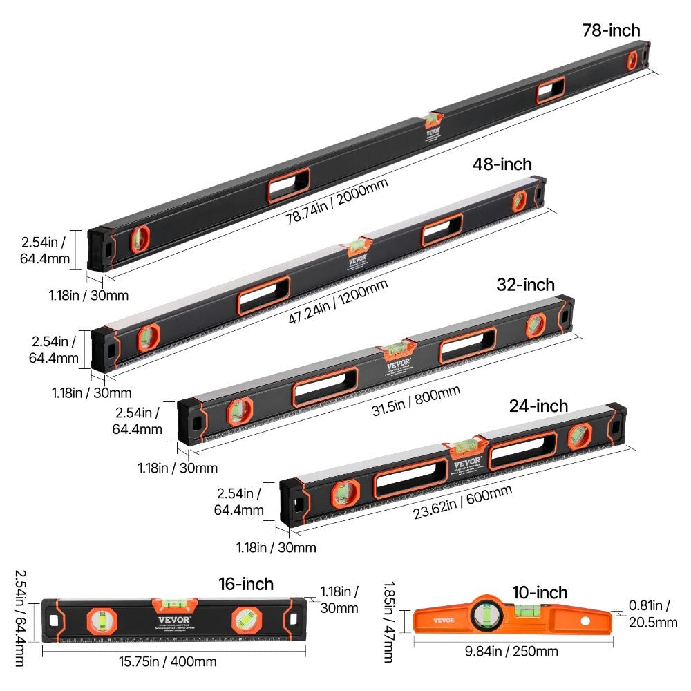 Magnetic Torpedo Level Set 6-Piece Full Magnetic All Sizes | 10 16 24 32 48 78 Inch Aluminum Spirit Level Kit Anti-Static Vials 3-in-1 | Heavy Duty Construction Framing Plumbing Ca - product image 3