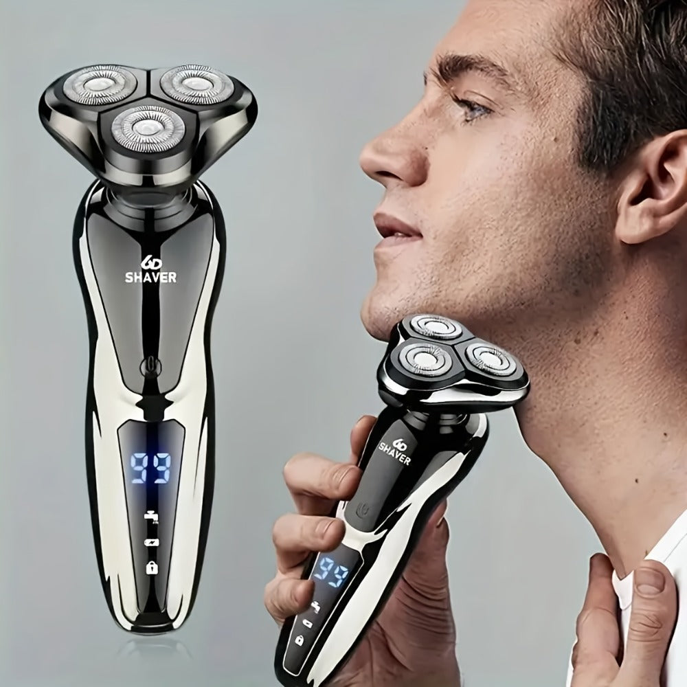 Electric Shaver for Men 3-in-1 Cordless Rechargeable 360° Floating Rotary – Beard Trimmer, Nose Hair Trimmer & Face Shaver with LED Display, 90-Min Battery & USB Charging, Black - product image