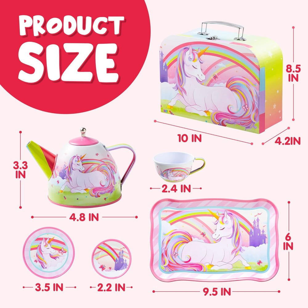 Pretend Play Pink Tin Teapot with Cups, Plates & Carrying Case, Magical Rainbow Design, Birthday Christmas Gift for Kids Ages 3+ | Unicorn Tea Party Set for - product image 14