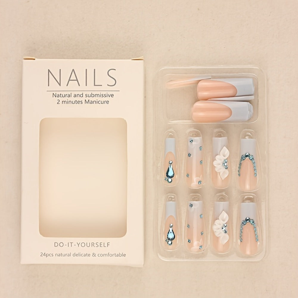 Long Ballerina Press On Nails 96 Pieces 4 Packs + 4 Bracelets Gift Set – Blue Gradient 3D Flower Butterfly Rhinestone Glossy Full Cover False Nails & Beaded Bangles for Women Girls - product image 13
