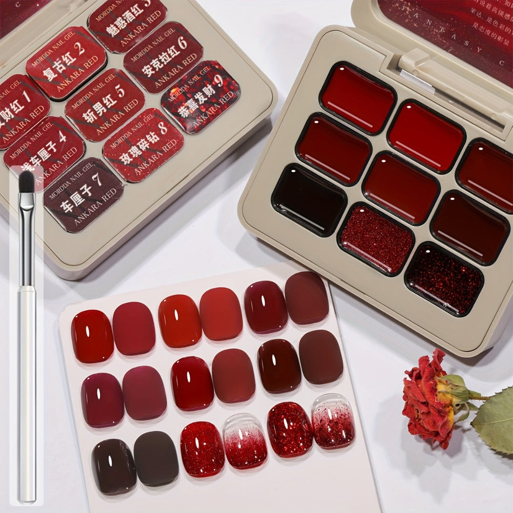 Gradient Gel Nail Polish Set 9pcs Ancola Red Collection – High Saturation Solid Gel, Shiny Gloss Finish, LED Curable Multifunctional Nail Gel | Spring Summer Ombre DIY Manicure Kit - product image