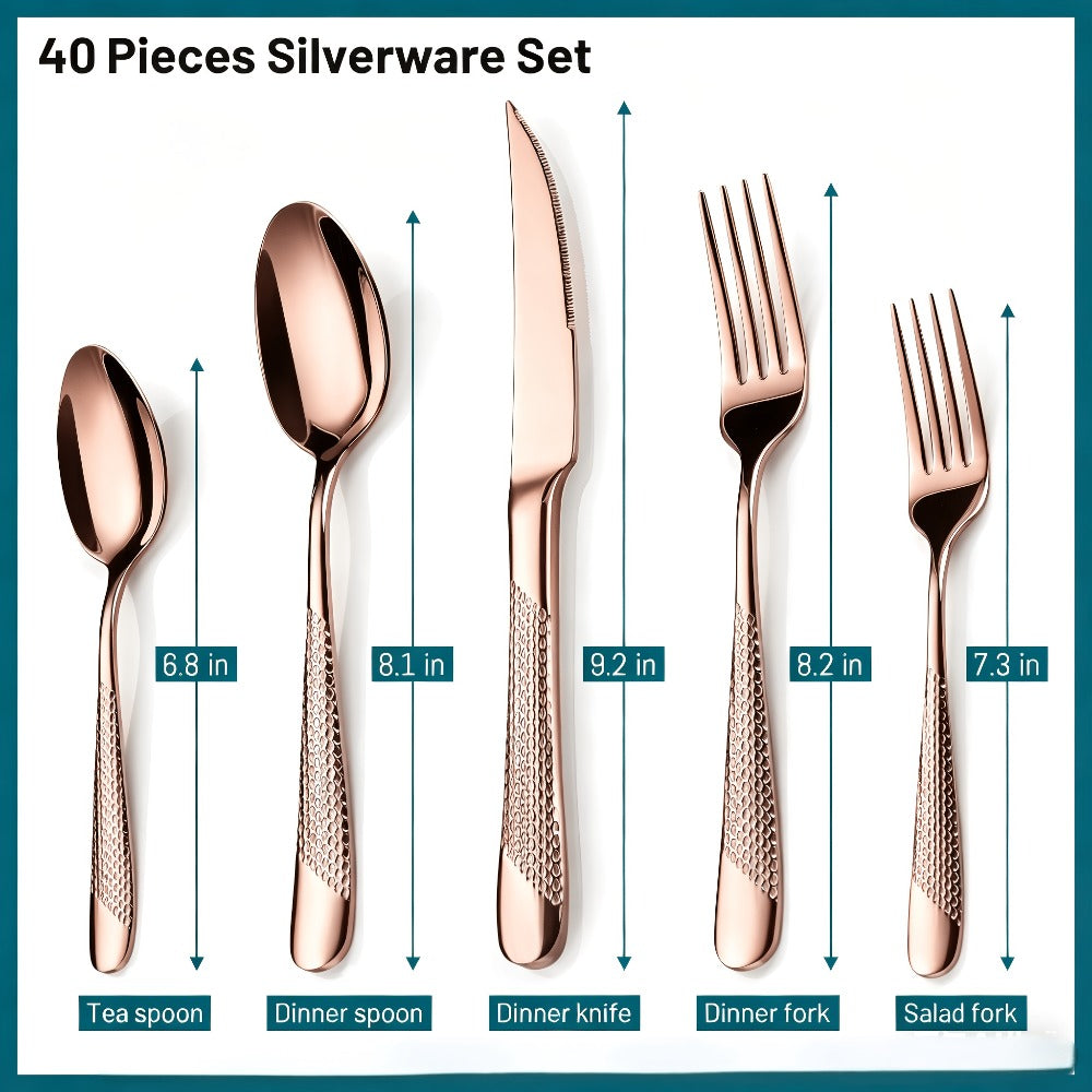 Stainless Steel Flatware Set 40/48 Piece – 304 Silverware Set for 8 Hammered Mirror Polished Rose Gold Cutlery with 2-in-1 Serrated Knife Dishwasher Safe Modern Utensils for Home R - product image 4