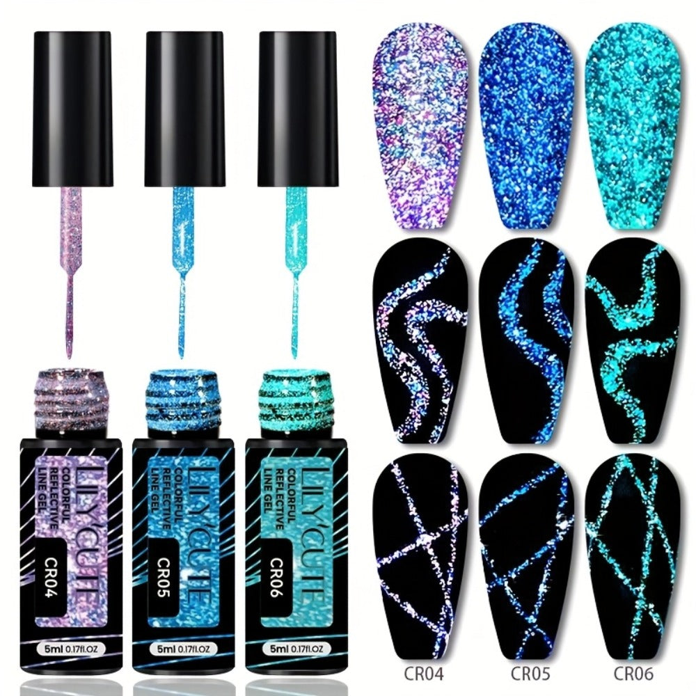 Reflective Glitter Line Gel Nail Art Set LILYCUTE Sparkling Stripe 3pcs 5ml Each - Ultra-Thin Pull Line Drawing Graffiti Gel Polish LED UV Cured DIY Home Manicure for Women - product image 2