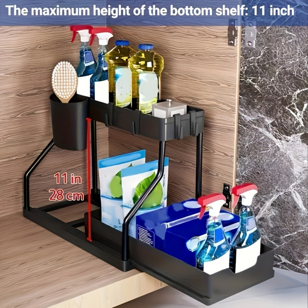 Under Sink Organizer 2-Tier Sliding Cabinet Basket with Hooks – Adjustable Bathroom Kitchen Shelf Storage Rack for Cabinets - product image 8