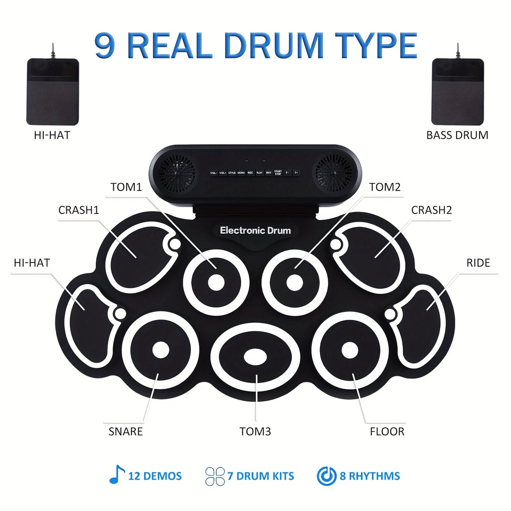 Electronic Drum Set, 9-Pads Roll-Up Electric Drum Pad Kit with Headphone Jack 10Hrs Playtime Built-in Speaker with Drumsticks Pedals, Xmas Birthday Gift for - product image 6