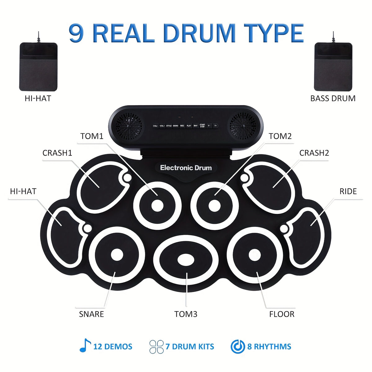 Electronic Drum Set, 9-Pads Roll-Up Electric Drum Pad Kit with Headphone Jack 10Hrs Playtime Built-in Speaker with Drumsticks Pedals, Xmas Birthday Gift for - product image 6