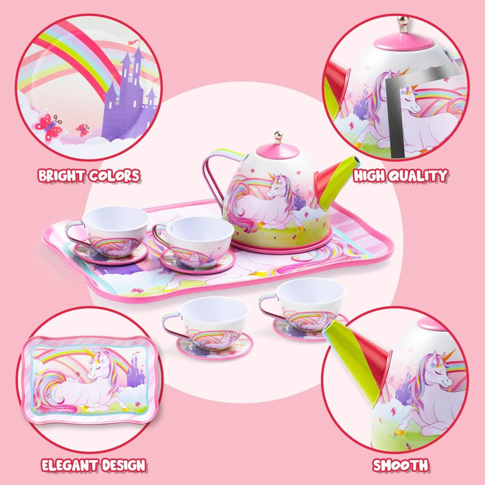 Pretend Play Pink Tin Teapot with Cups, Plates & Carrying Case, Magical Rainbow Design, Birthday Christmas Gift for Kids Ages 3+ | Unicorn Tea Party Set for - product image 11