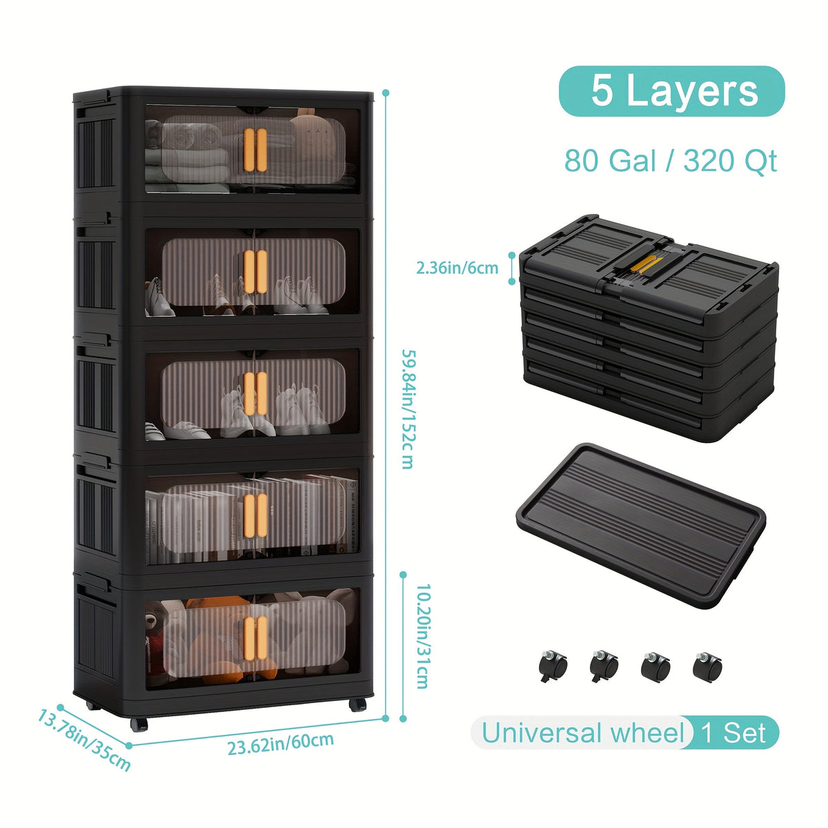 Rolling Storage Cart 4 5 Tier Double Door Collapsible Stackable Plastic Organizer with 360 Lockable Wheels Space Saving Bin for Dorm Office Closet Bedroom Garage Gym - product image 19