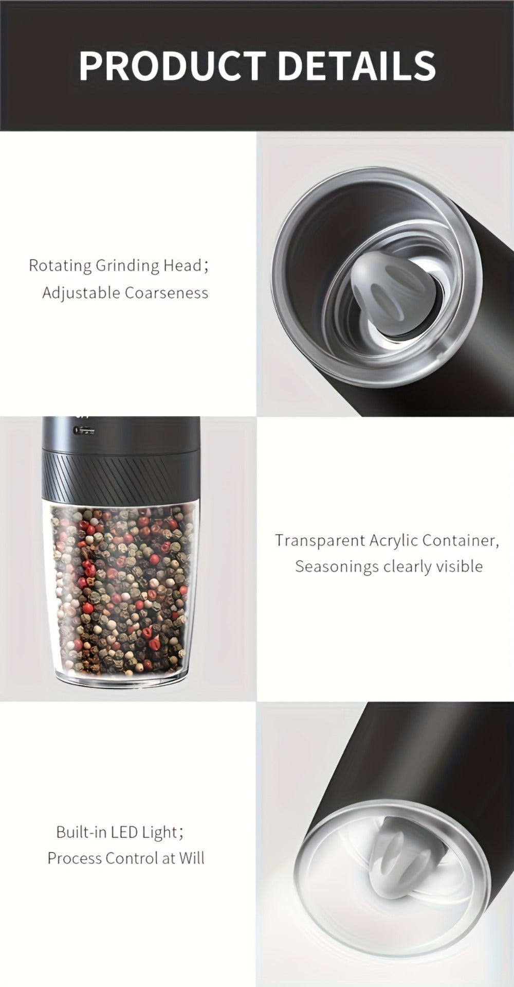 Electric Salt and Pepper Grinder Gravity Sensing USB Rechargeable with LED Light, One-Hand Operation Automatic Pepper Mill Adjustable Coarseness, Battery or Type-C Powered Kitchen  - product image 23