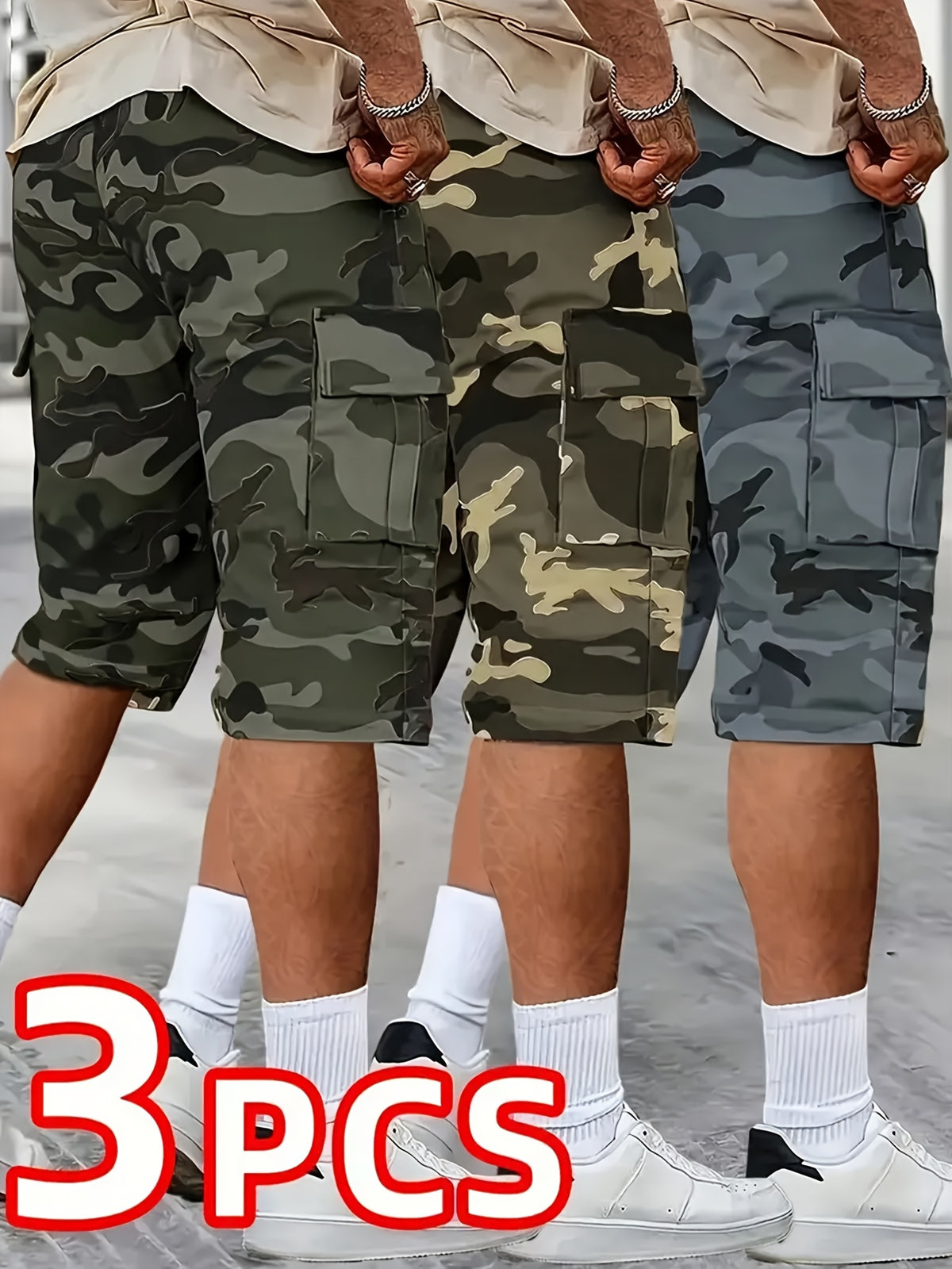 [Father's Day Gift Choice] 3pcs Camo Cargo Shorts for Men, Knee-Length Shorts with Flap Pockets and for Hiking, Hunting, Fishing, Work Shorts for All Outdoors - product image 4
