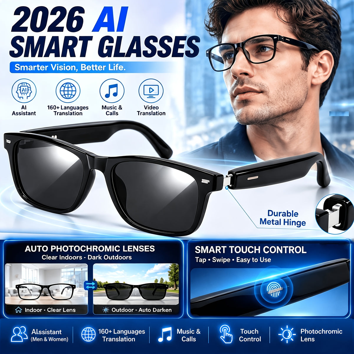2026 AI Smart Translation Glasses, 160+ Languages Real-Time & Video Translation, Photochromic Blue-Light Lenses, Open-Ear Audio, Touch Control, Hands-Free Calls & Music