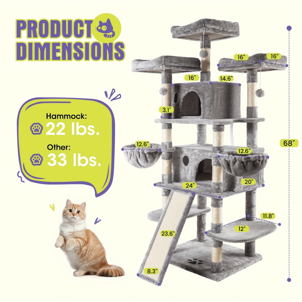 Cat Furniture with Sisal Scratching Posts, Plush Perches, Hammock, Basket & Corner Condo Cave, Hanging Toys & Climbing Ramp, Multiple Sizes & Colors | Cat Tree - product image 6